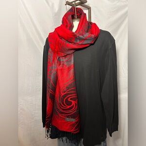 Luxury 100% Cashmere Red & Black Abstract Swirl Fringe Scarf Wrap Shawl
